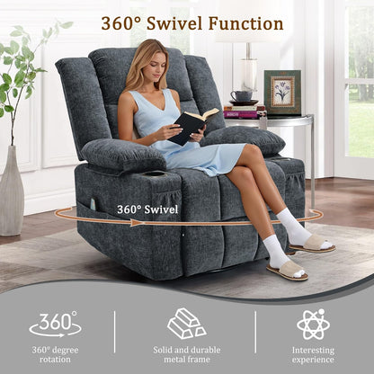 Korser 360° Swivel Rocker Recliner for Adults, Nursery Glider Recliner with Massage and Heating, Rocking Chair with Cup Holder, Manual Recliner Chair for Living Room, Bedroom (Fabric, Beige)