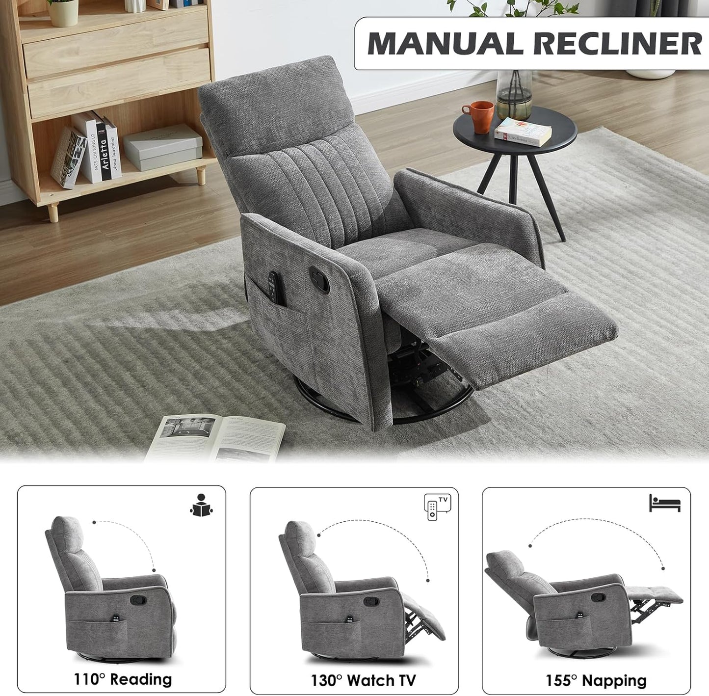 Trustyue Swivel Rocker Recliner Chair, 360° Swivel Recliner with Heat and Massage, Rocker Recliner Nursery Glider Chair with Side Pockets for Living Room (Beige, Fabric)