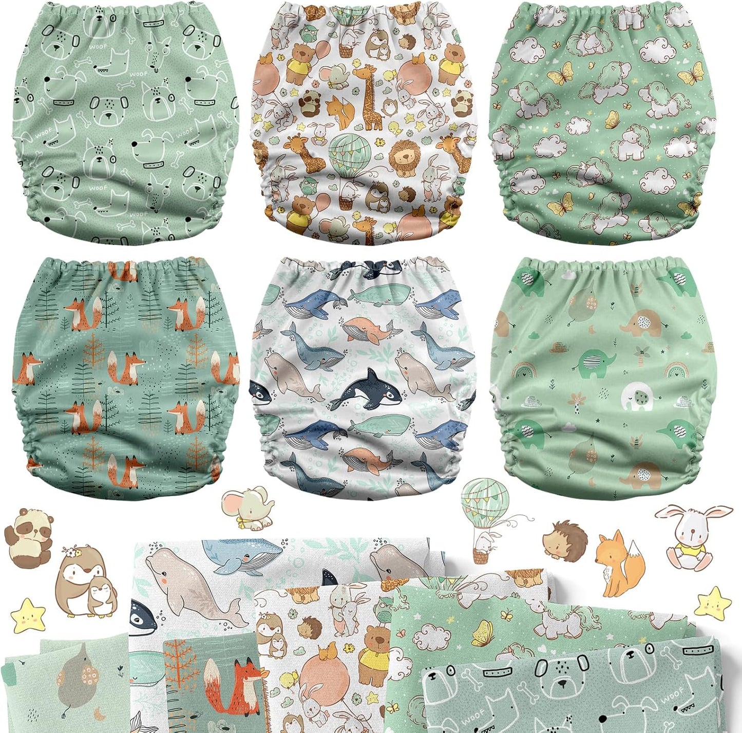 Mama Koala 3.0 Pocket Cloth Diapers for Babies with AWJ Lining, 6 Pack with 6 4-Layer Natural Cloth Diaper Inserts - Reusable and Washable Pocket Diapers(Hardworking Bees) - Colors B