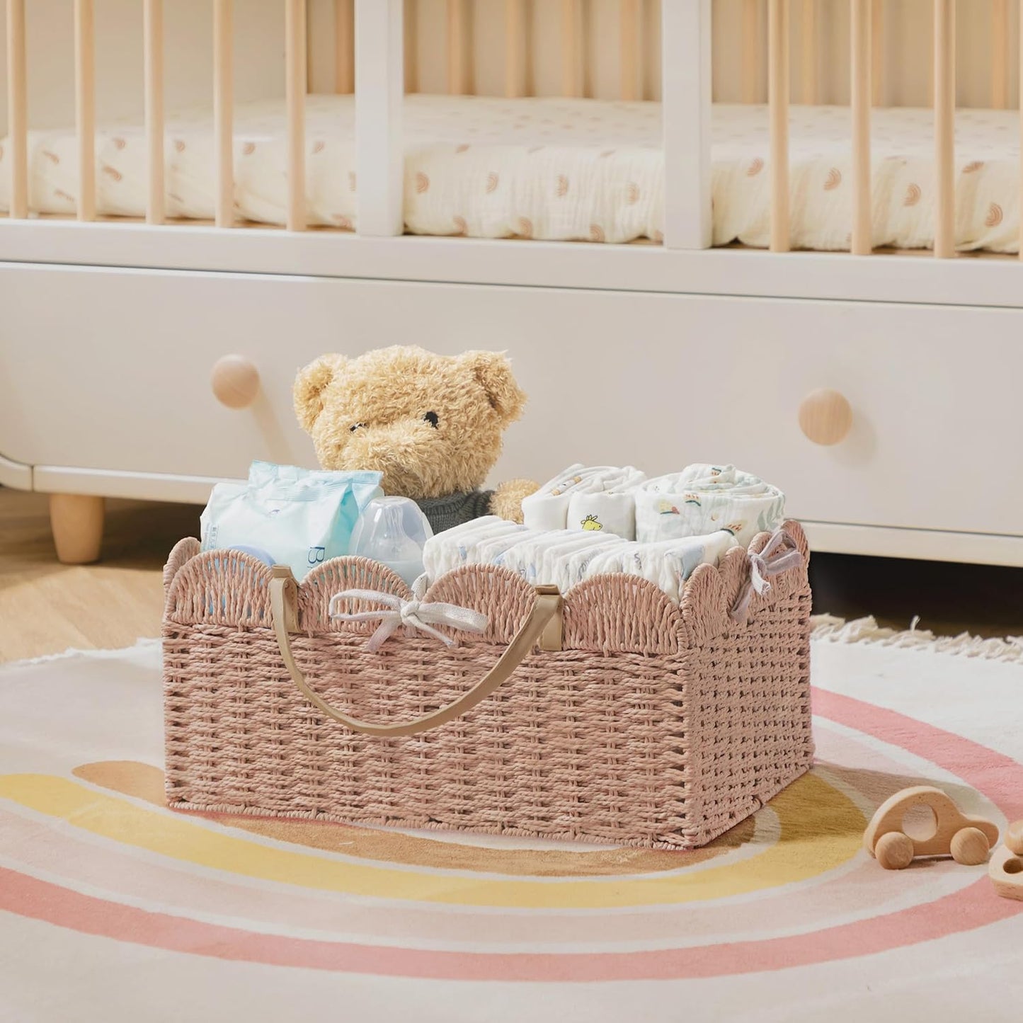 HBlife Large Baby Diaper Caddy, Paper Rope Storage Baskets Nursery Bin with Removable Divider, Portable Car Organizer for Diapers, Baby Shower Gifts, Newborn Essentials Must Haves