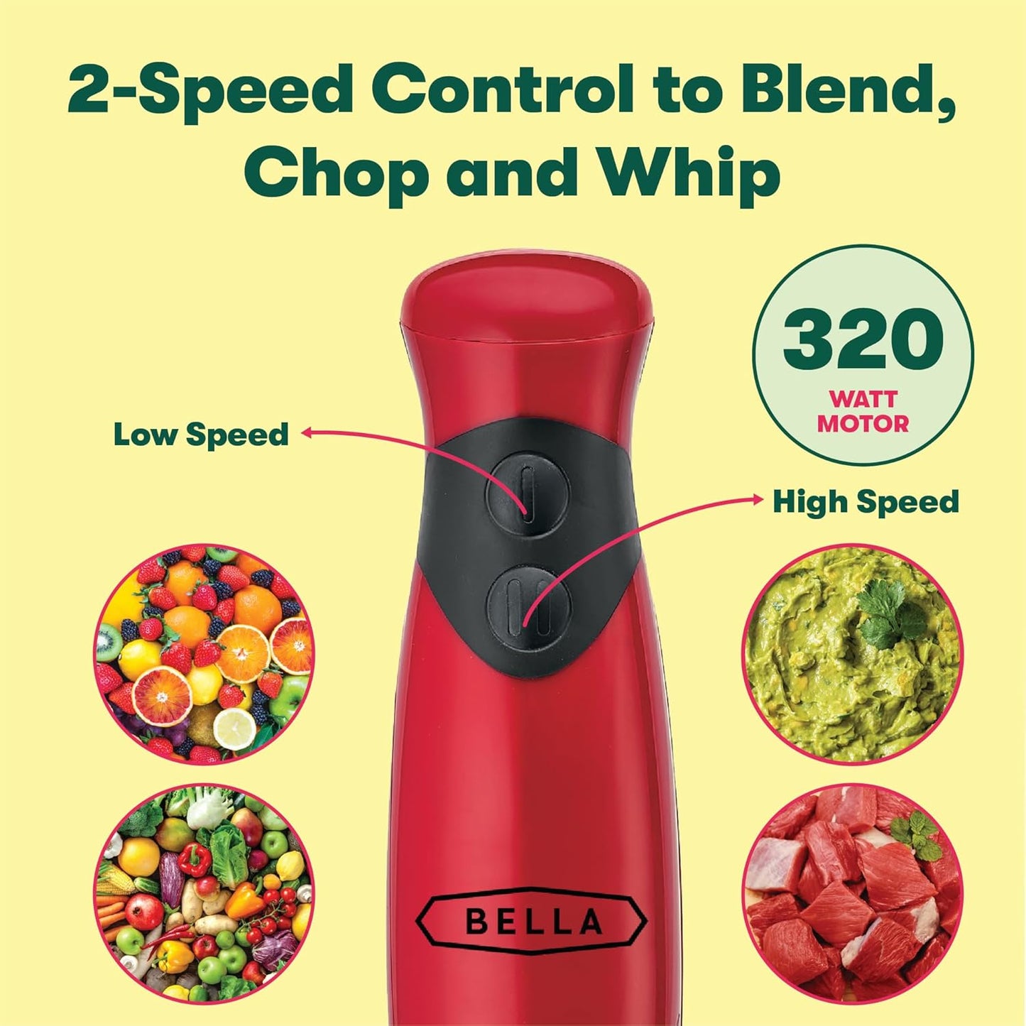 BELLA Immersion Hand Blender, Portable Mixer with Whisk Attachment - Electric Handheld Juicer, Shakes, Baby Food and Smoothie Maker, Stainless Steel, Black