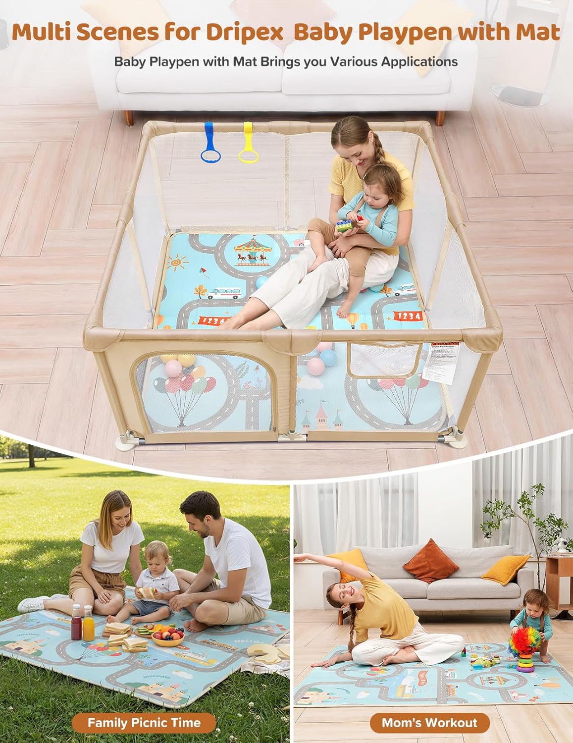 Dripex Baby Playpen, 47"x47" Small Playpen for Babies, Enhanced Safety Baby Play Yard for Indoor & Outdoor, Infant Play Pen with Soft Breathable Visible Mesh, Anti-Fall Design & Easy Setup, Grey