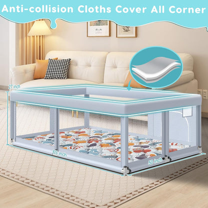 Fshibila 74" ×50" Large Baby Playpen, Baby Playard for Babies and Toddlers, Baby Fence Play Pens for Indoor & Outdoor, Sturdy Safety Play Yard with Soft Breathable Mesh, Anti-Fall, Grey