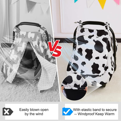 FIOBEE Baby Car Seat Cover, Car Seat Covers for Babies Infant Car Seat Canopy with Breathable Mesh Window Waterproof Carseat Cover for Babies Boy Girl 4 Seasons, White/Cow
