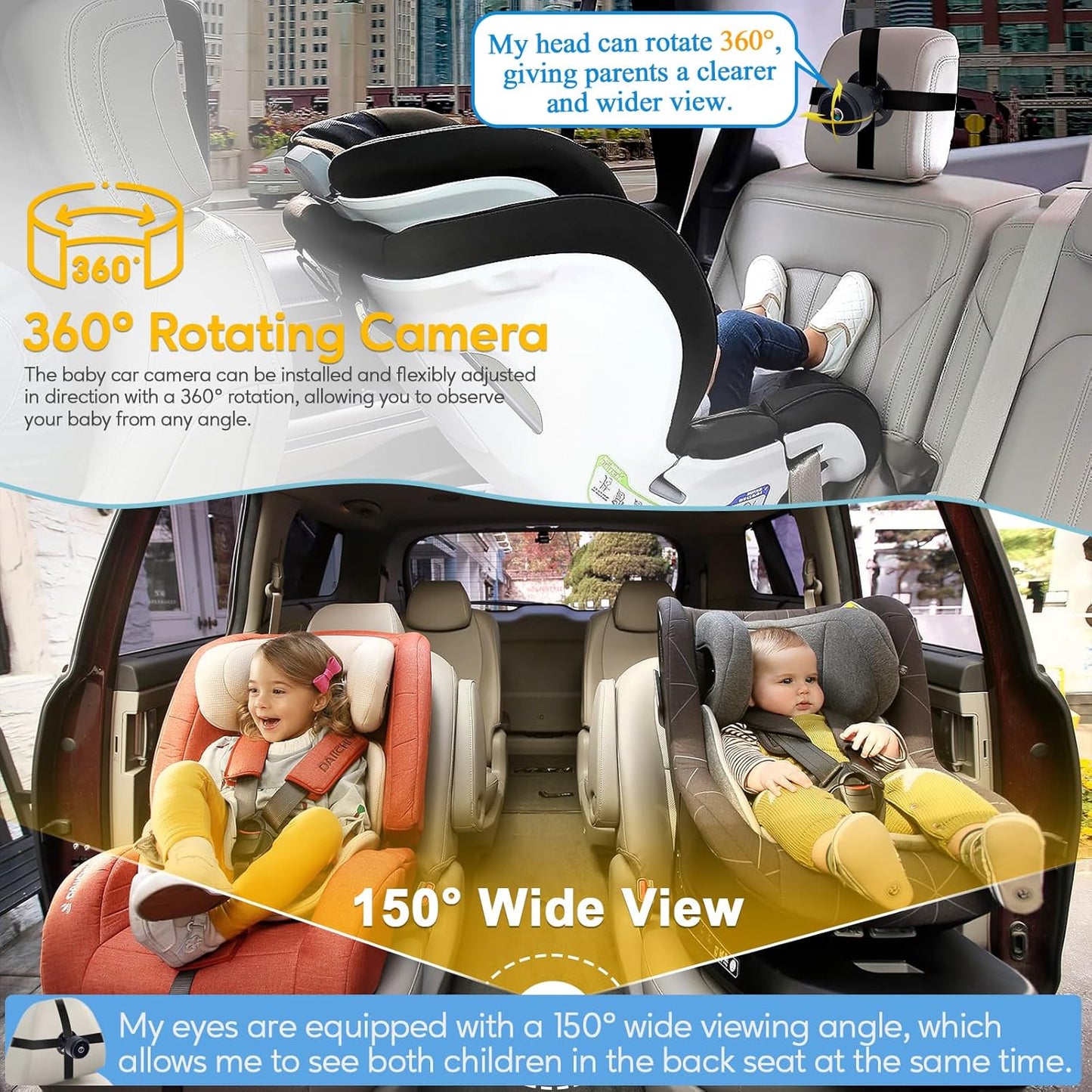 Baby Car Camera for Backseat 1080P - Plug and Play, HD Crystal Night Vision, Easy to Install, 360° Rotation, Wide View Angle, Protect Baby's Eye - Rear Facing Carseat Camera for Newborn, Infant, Kids