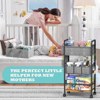 LIDTOP 2In1 Baby Diaper Caddy & 3-Tier Rolling Diaper Cart, Diaper Caddy Organizer Cart with Dividers, Mobile Metal Utility Cart for Nursery Essentials, Detachable Bedside Cart, Large Capacity