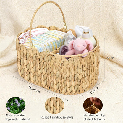 Large Baby Diaper Caddy Organizer, Portable Wicker Water Hyacinth Storage Basket with Handles and Divided Sections, Nursery Tray for Diapers Baby Essentials, Baby Shower Gifts