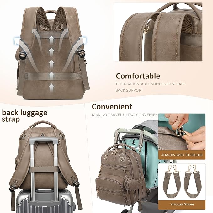 ROSEGIN Premium Vegan Leather Diaper Bag Backpack with Waterproof Changing Pad, Reinforced Zippers & Odor-Free, 20 Pockets Pro Organizer, Fits 15.6" Laptop, Stroller Straps, Baby Bag for Mom, Taupe