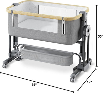 4 in 1Baby Bassinet,Bedside Bassinet for Baby, Rocking Bassinet with Comfy Mattress and Wheels, 7 Height Adjustable Easy Folding Portable Bedside Crib for Newborn