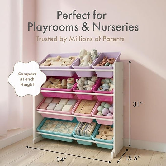 Humble Crew Toy Storage Organizer with 12 Removable Storage Bins for Kids Playroom, 4-Tier Toddler Toy Organization and Storage, White/Pink/Purple/Turquoise