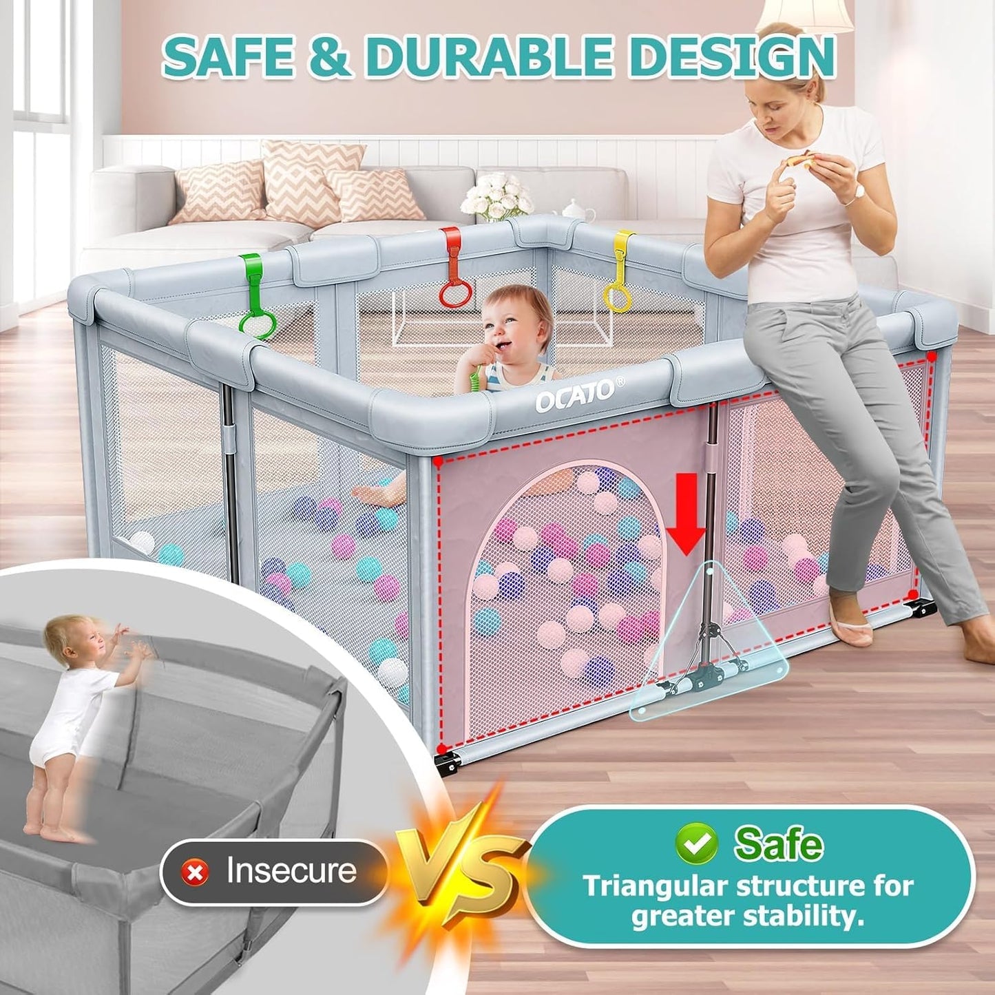 OCATO Baby Playpen Play Pen: Foldable Playpen for Babies and Toddlers Playard for Indoor Outdoor Activity Center Game Fence Safety Area Toddler Play Pen for Babies 6-12 Months Baby Gifts (50" × 50")