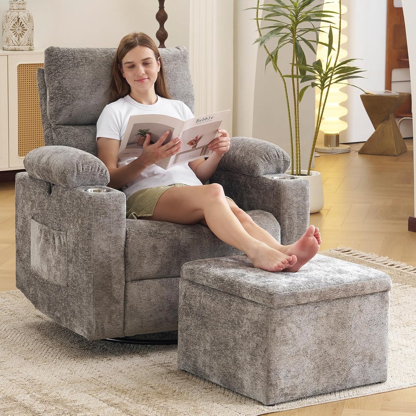 Rocking Chair Nursery with Adjustable Armrests, Electric Glider Recliner Nursing Chair for Breastfeeding, Power Swivel Recliner Chairs with Massage and Heat, Adjustable Headrest , FSC Certified, White