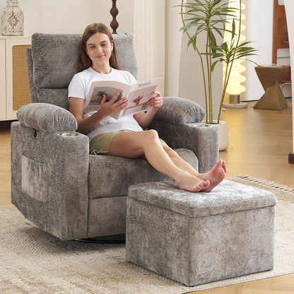 Rocking Chair Nursery with Adjustable Armrests, Electric Glider Recliner Nursing Chair for Breastfeeding, Power Swivel Recliner Chairs with Massage and Heat, Adjustable Headrest , FSC Certified, White