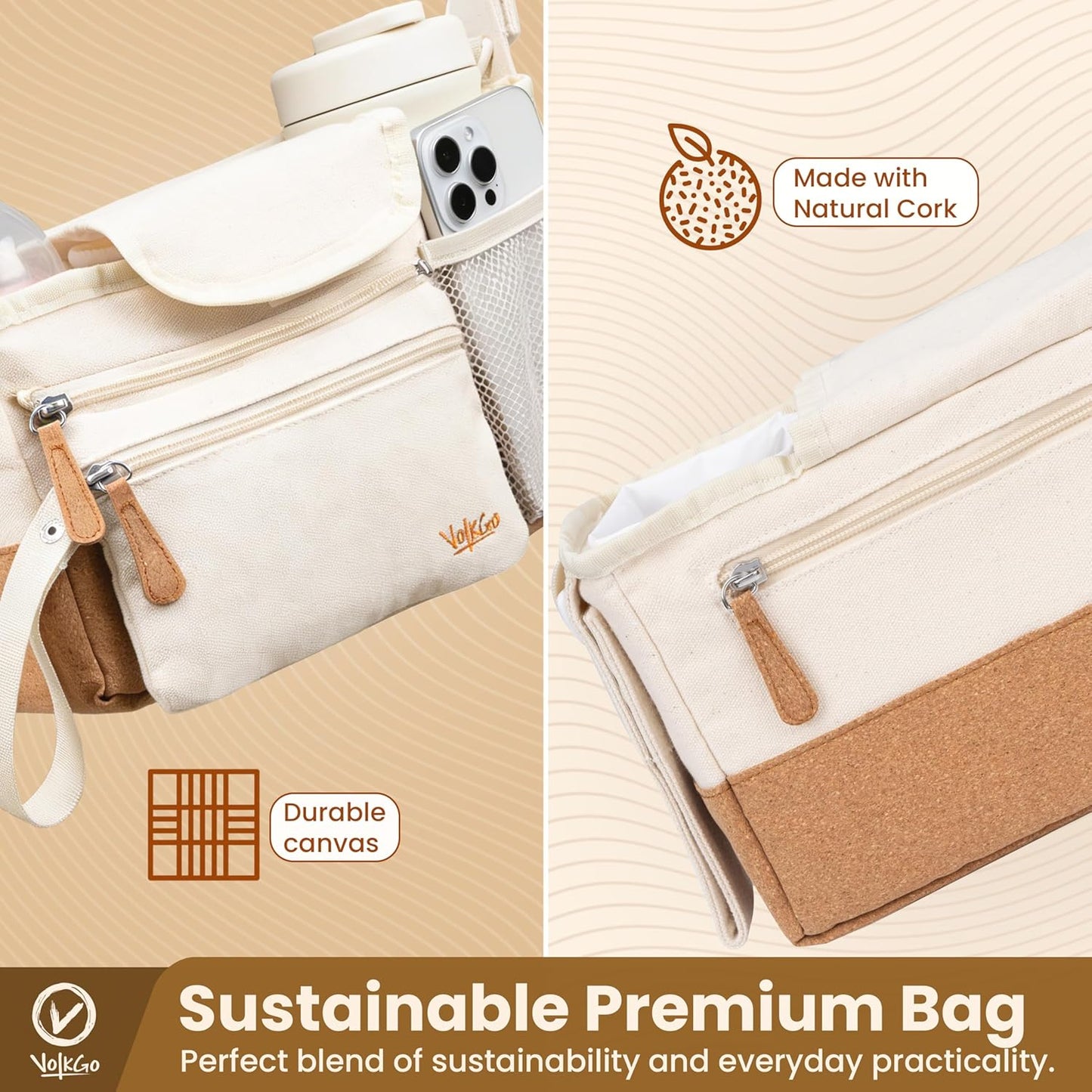 V VOLKGO Stroller Caddy with Cup Holder - Stroller Organizer Bag for Baby Travel Gear, Baby Bottle Organizer & Baby Diaper Caddy | Insulated XL 40oz, Detachable Wristlet, Premium Canvas & Natural Cork