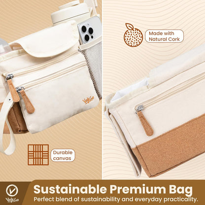 V VOLKGO Stroller Caddy with Cup Holder - Stroller Organizer Bag for Baby Travel Gear, Baby Bottle Organizer & Baby Diaper Caddy | Insulated XL 40oz, Detachable Wristlet, Premium Canvas & Natural Cork