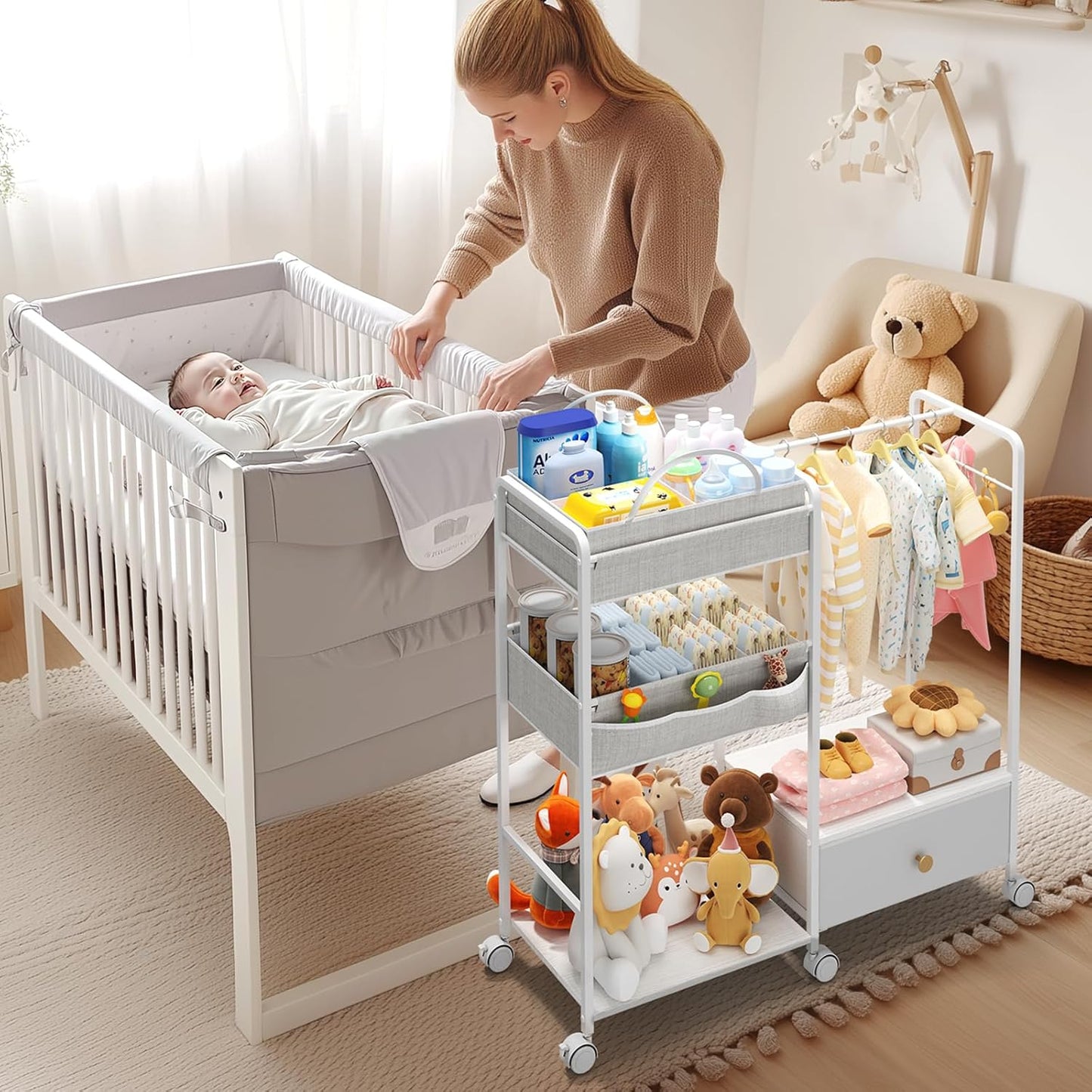 BBLIKE 3in1 Diaper Caddy Organizer - Diaper Caddy & Rolling Diaper Cart with Kids Clothing Rack for Nursery and Baby Essentials, Multi-Function Utility Cart for Bedroom and Bathroom, White