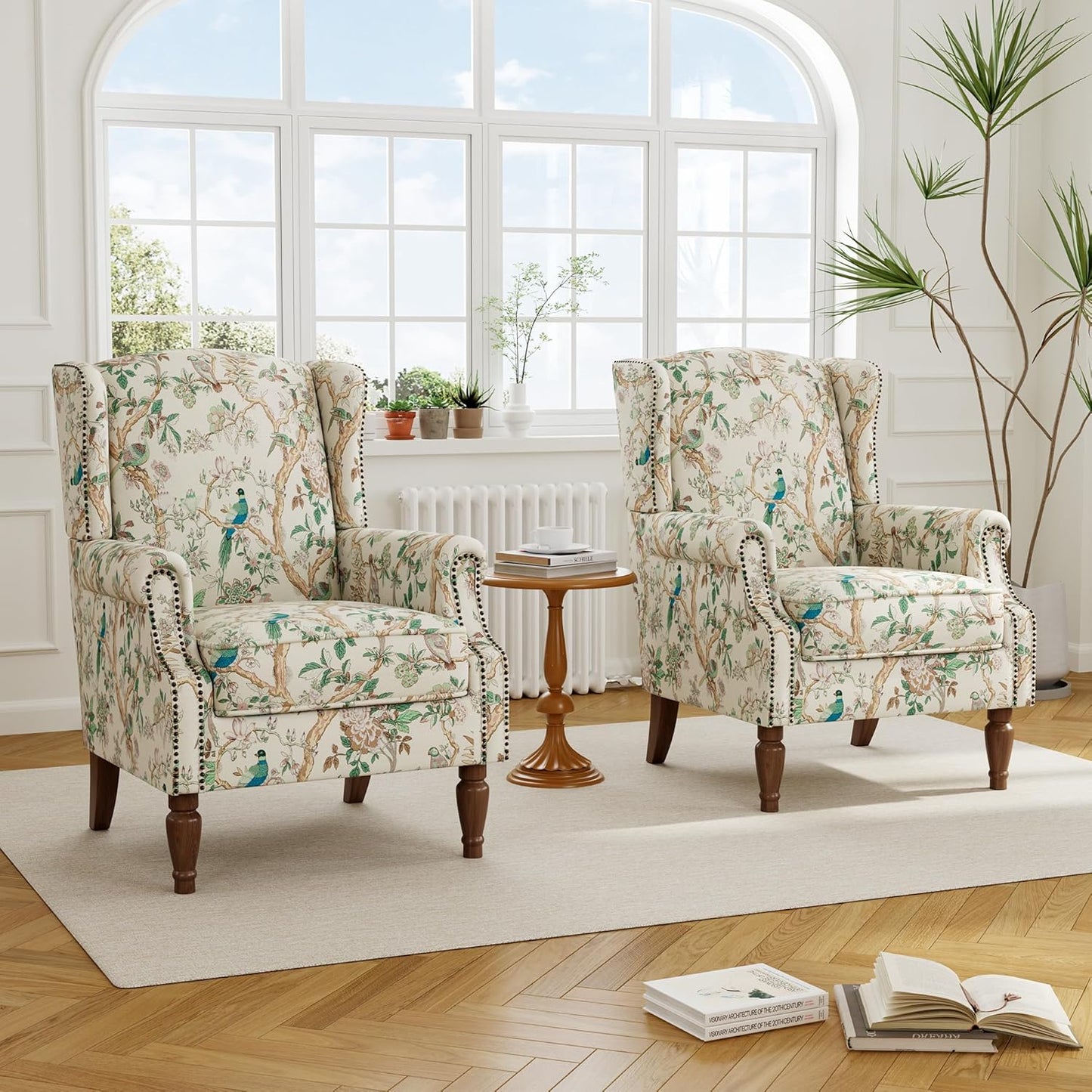 Swivel Rocker Recliner Chair, Manual Nursery Glider Recliner, Floral Fabric Wingback Accent Chair with Adjustable Backrest & Footrest for Small Spaces Living Room Bedroom (Plants Floral, Set of 1)
