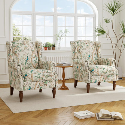 Swivel Rocker Recliner Chair, Manual Nursery Glider Recliner, Floral Fabric Wingback Accent Chair with Adjustable Backrest & Footrest for Small Spaces Living Room Bedroom (Plants Floral, Set of 1)