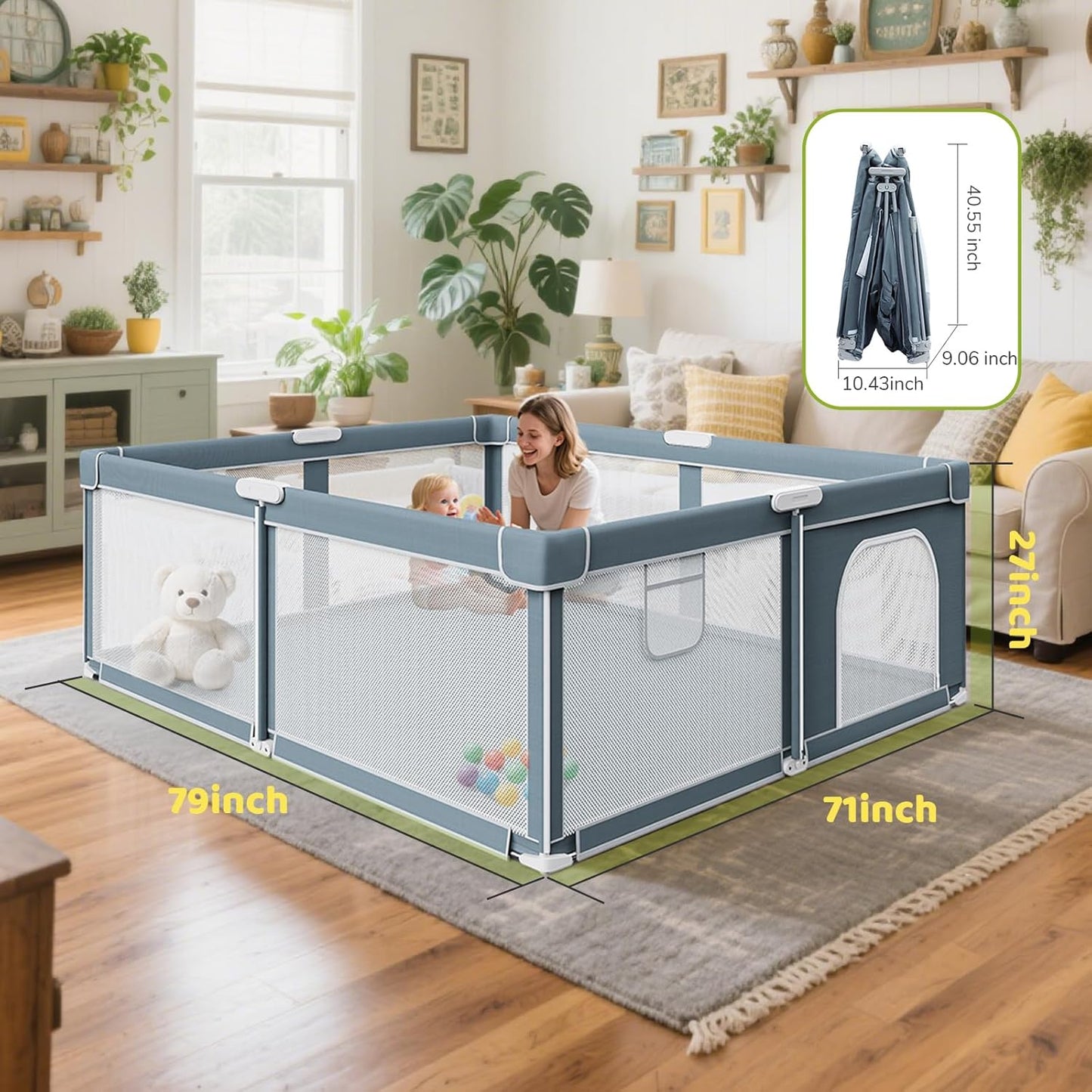 Foldable Baby Playpen - 71"×59" Collapsible Play Pen for Babies and Toddlers - Indoor Outdoor Foldable Play Yard with 4 Handles - Folding Baby Playpen with Bag Portable Travel Play Yard
