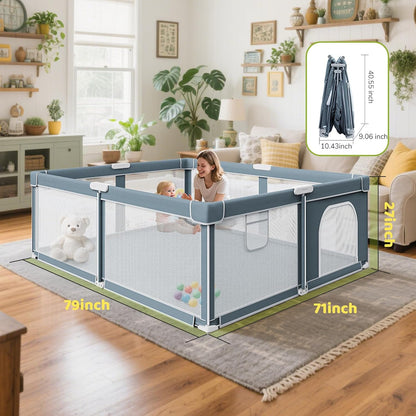 Foldable Baby Playpen - 71"×59" Collapsible Play Pen for Babies and Toddlers - Indoor Outdoor Foldable Play Yard with 4 Handles - Folding Baby Playpen with Bag Portable Travel Play Yard