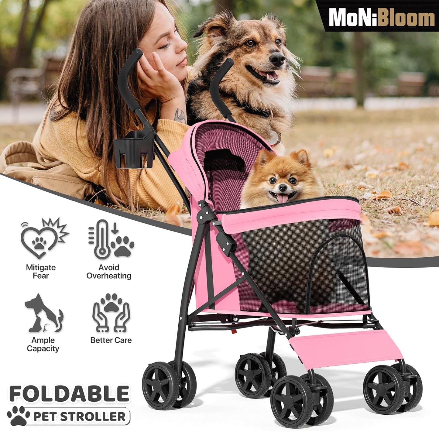 MoNiBloom 4 Wheels Pet Stroller, Easy-Fold Puppy Cage Jogger Stroller with Sun Cover, Pad and Rear Storage Bag, Breathable and Visible Mesh for Small/Medium Pets up to 22 lbs, Black