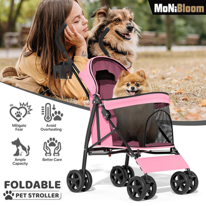MoNiBloom 4 Wheels Pet Stroller, Easy-Fold Puppy Cage Jogger Stroller with Sun Cover, Pad and Rear Storage Bag, Breathable and Visible Mesh for Small/Medium Pets up to 22 lbs, Black