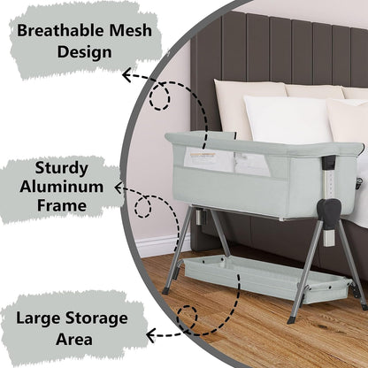 Dream On Me Lilly Bassinet and Bedside Sleeper, Seven Adjustable Height Position, Breathable Mesh Sides, Plush Mattress Pad, Storage Basket, Lightweight, Compact & Easy to Fold - Light Gray