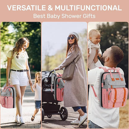 Diaper Bag Backpack with Changing Station, Large Diaper Bag, Multifunctional Diaper Bag, Baby Bag, PinkGray