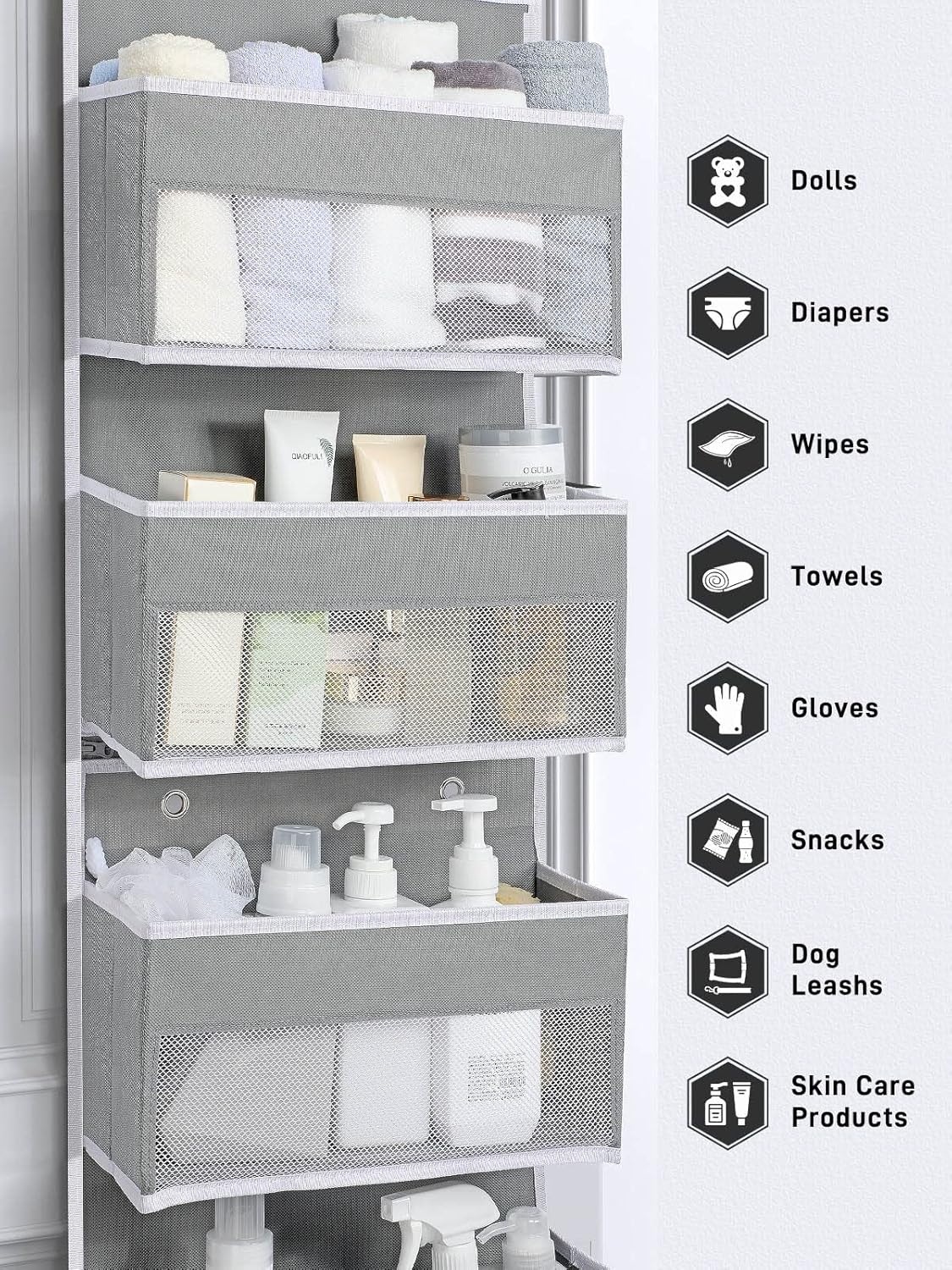 Yecaye 1 Pack Over the Door Organizer, 35.2lbs Load Toy Stuffed Animal Storage, Swing-proof Hanging Bathroom Organizers and Storage for Nursery Newborn Baby Essential Stuff Dorm Room Essentials