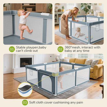 Foldable Baby Playpen - 71"×59" Collapsible Play Pen for Babies and Toddlers - Indoor Outdoor Foldable Play Yard with 4 Handles - Folding Baby Playpen with Bag Portable Travel Play Yard