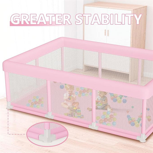 Hiaksedt Large Baby Playpen 74"x50", Baby Girl Play Pen for Babies and Toddlers Pink, Safe Structure and Soft, Skin-Friendly Fabric with Zipper Gates