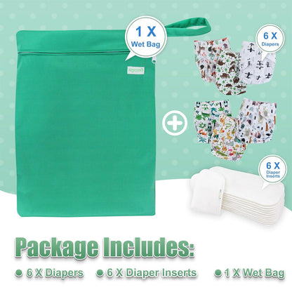wegreeco Cloth Diapers 6 Pack with 6 Inserts & 1 Wet Bag, Washable Cloth Diapers for Babies, One Size Adjustable Reusable (Flower)