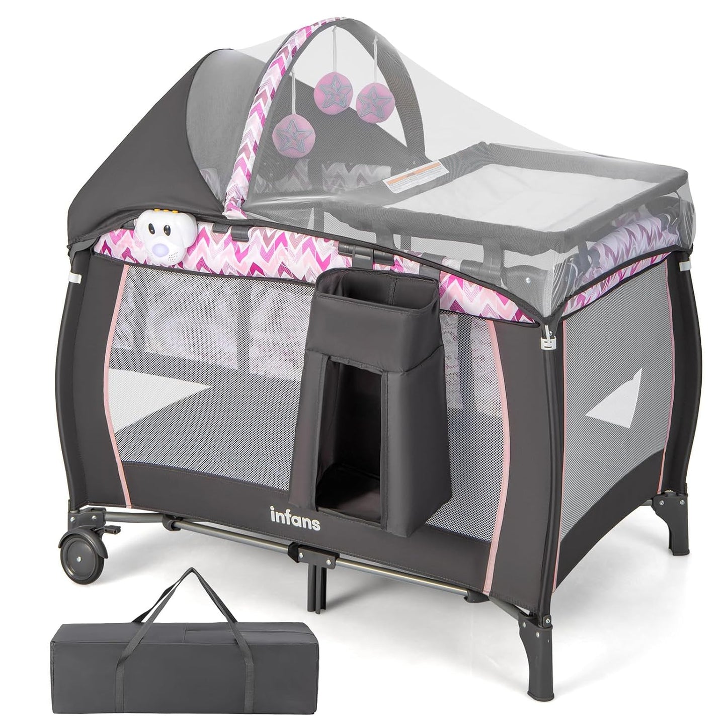 INFANS 4 in 1 Pack and Play, Portable Travel Baby Playard with Bassinet, Changing Table, Canopy, Mosquito Net, Hanging Toys, Music Box, Storage Bag, Large Playpen from Newborn to Toddlers (Pink)