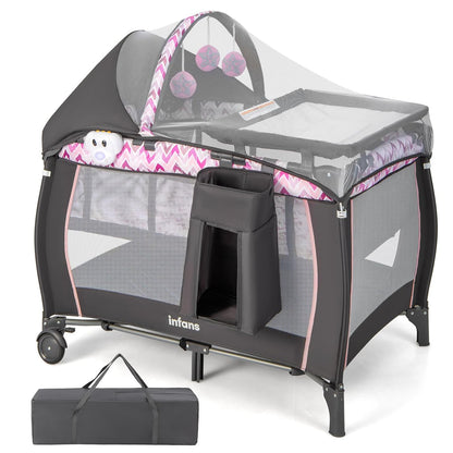 INFANS 4 in 1 Pack and Play, Portable Travel Baby Playard with Bassinet, Changing Table, Canopy, Mosquito Net, Hanging Toys, Music Box, Storage Bag, Large Playpen from Newborn to Toddlers (Pink)
