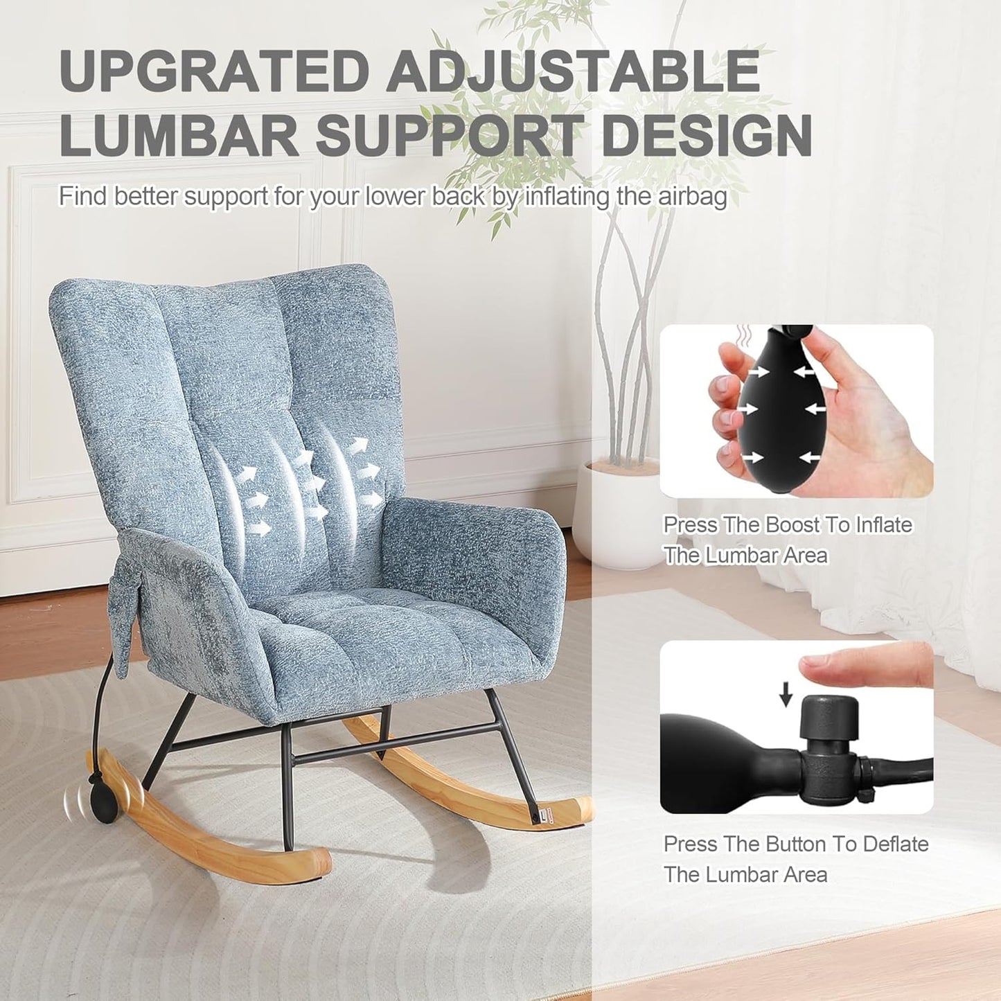 Rocking Chair Nursery with Airbag, Comfy Modern Nursery Rocking Reading Chair indoor with Footrest, Cozy Upholstered Glider Rocker Chairs for Living Room Bedroom Offices(Chenille, Dark Grey)