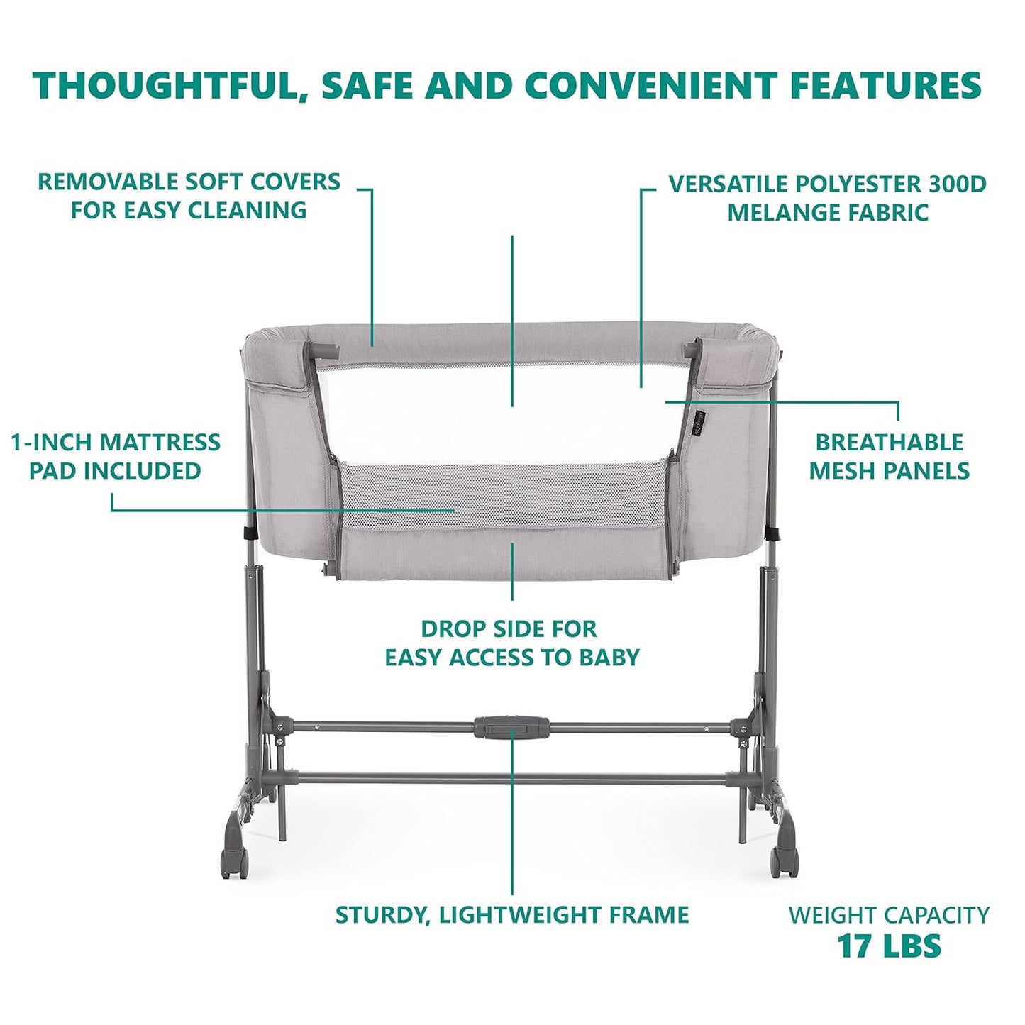 Dream On Me Zimal Bassinet & Bedside Sleeper/Breathable Mesh Panels/Airflow & Easy Visibility/Adjustable Height Options/Lightweight/Mobile/BSA Certified/Mint