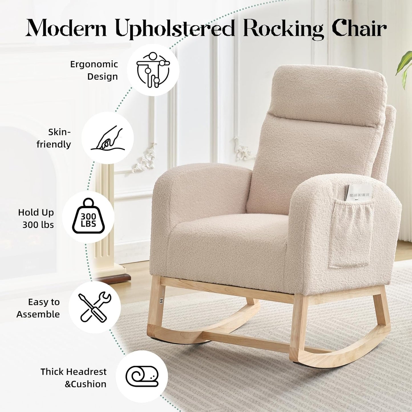 GarveeHome Rocking Chair Nursery,Glider Chair Nursery Chair with High Back and Side Pocket, Rocking Accent Armchair with Rubber Wood Legs for Living Room/Bedroom/Nursery
