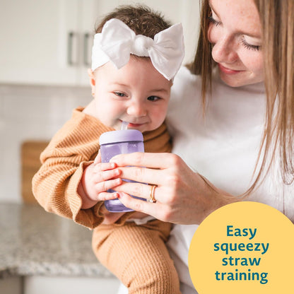 The First Years Squeeze & Sip Toddler Straw Cups - Squeezable Transition Sippy Cup with Silicone Straw - Toddler Feeding Supplies - 7 Oz - 3 Count - Ages 6 Months and Up
