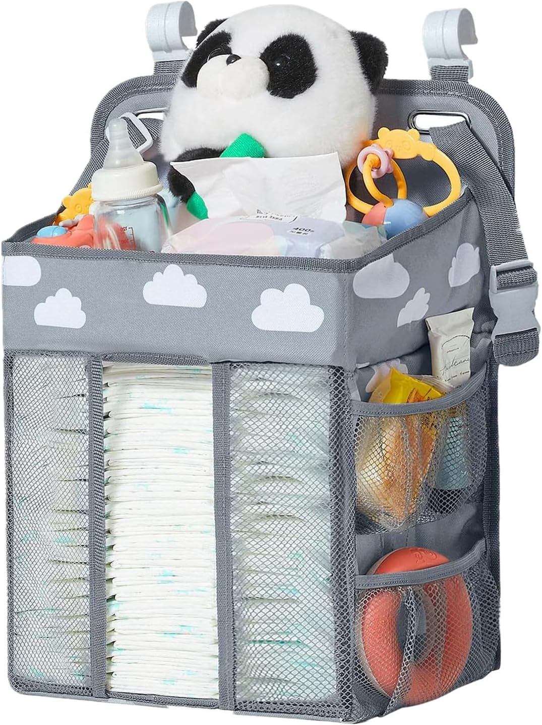 Baby Diaper Caddy Organizer with Cloud Print, Multi-Compartment Nursery Storage Bag with Adjustable Straps, Portable Diaper Stacker for Stroller, Car, Travel, Nursery (Grey)