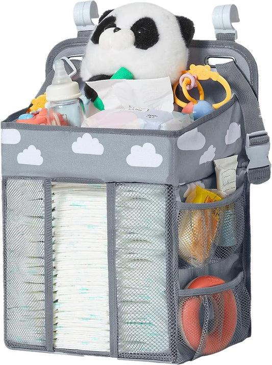 Baby Diaper Caddy Organizer with Cloud Print, Multi-Compartment Nursery Storage Bag with Adjustable Straps, Portable Diaper Stacker for Stroller, Car, Travel, Nursery (Grey)