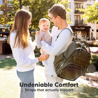 KeaBabies Diaper Bag Backpack - Multifunctional Travel Diaper Back Packs, Maternity Baby Changing Bags, Compact 18L Capacity, PU Leather, Waterproof, Unisex, Nappy Changing Pad (Dark Olive)