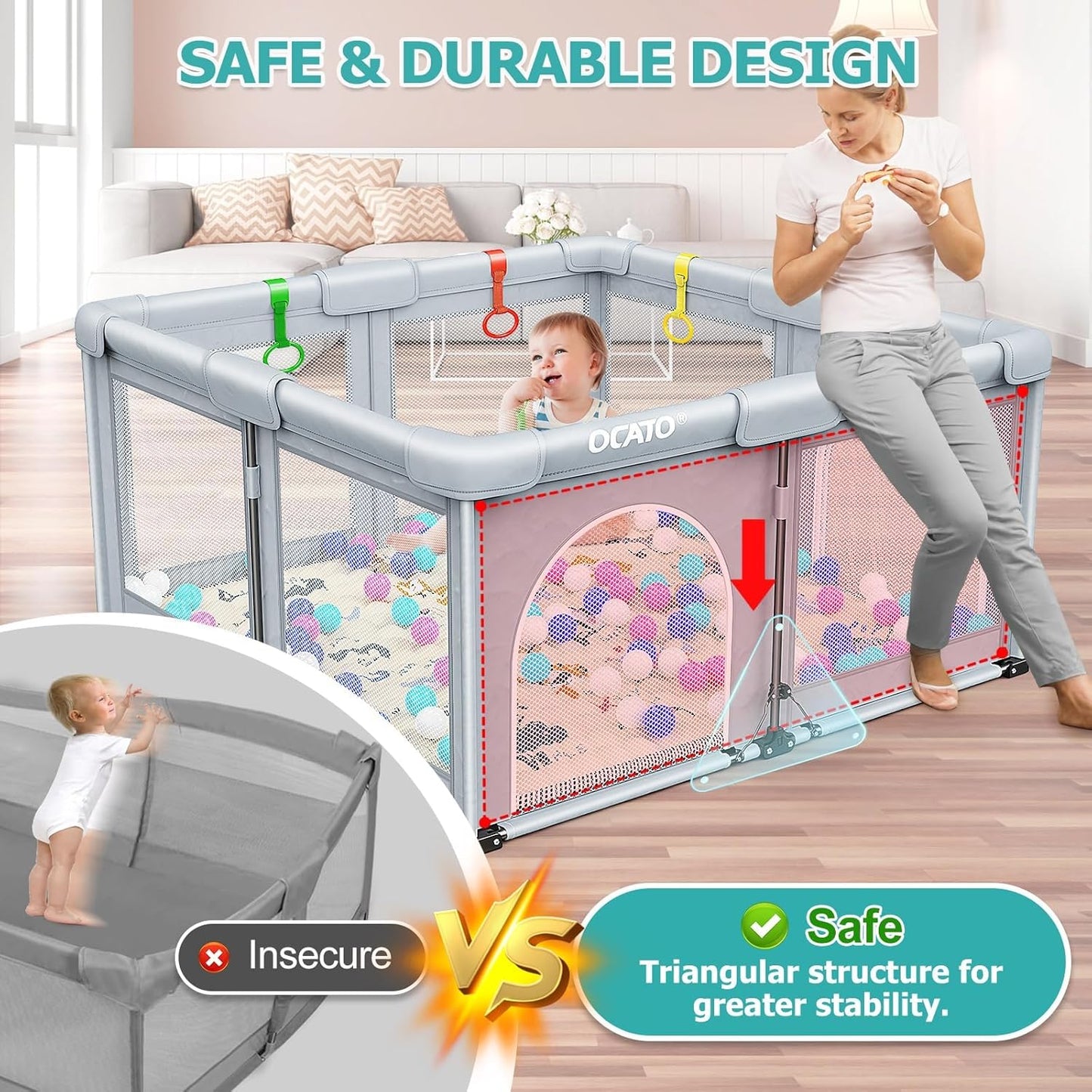 OCATO Baby Playpen Play Pen: Foldable Playpen for Babies and Toddlers Playard for Indoor Outdoor Activity Center Game Fence Safety Area Toddler Play Pen for Babies 6-12 Months Baby Gifts (50" × 50")