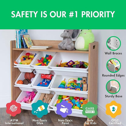 Humble Crew Toy Storage Organizer with Top Shelf and 9 Removable Bins, Natural/White – Toddler Bookshelf with Toy Organizer - Modern Toy Rack Ideal for Kids' Rooms, Playrooms, and Nurseries