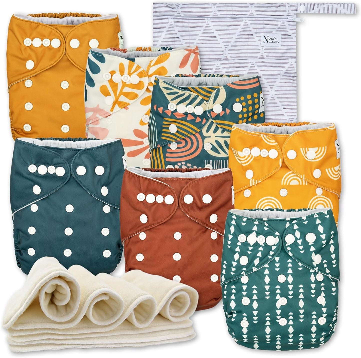 Nora's Nursery Cloth Diapers 7 Pack with 7 Inserts & 1 Wet Bag - Waterproof Cover, Washable, Reusable & One Size Adjustable Pocket Diapers for Newborns and Toddlers - Delilah