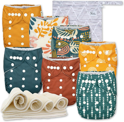Nora's Nursery Cloth Diapers 7 Pack with 7 Inserts & 1 Wet Bag - Waterproof Cover, Washable, Reusable & One Size Adjustable Pocket Diapers for Newborns and Toddlers - Delilah