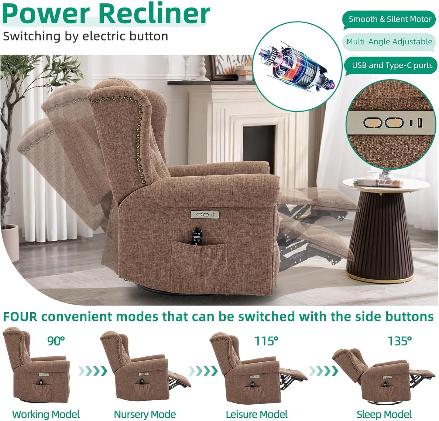 VIVIJASON Power Swivel Rocking Recliner Chair with Massage & Heat, Electric Rocker Nursery Glider Chair, Wingback Tufted Upholstered Recliner W/Type-C & USB Ports for Living Room, Bedroom, Beige