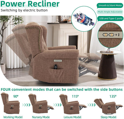 VIVIJASON Power Swivel Rocking Recliner Chair with Massage & Heat, Electric Rocker Nursery Glider Chair, Wingback Tufted Upholstered Recliner W/Type-C & USB Ports for Living Room, Bedroom, Beige