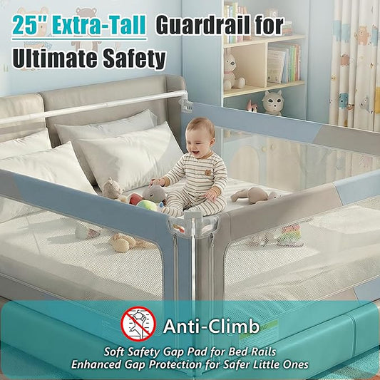 Full Size Baby Bed Rail Guard – Extra Tall Safety Bedside Rail with Headboard Rod for Toddlers, Adjustable No-Gap Design, 3 Panels (2×74.8″ + 1×55.1″), Gray & Light Blue