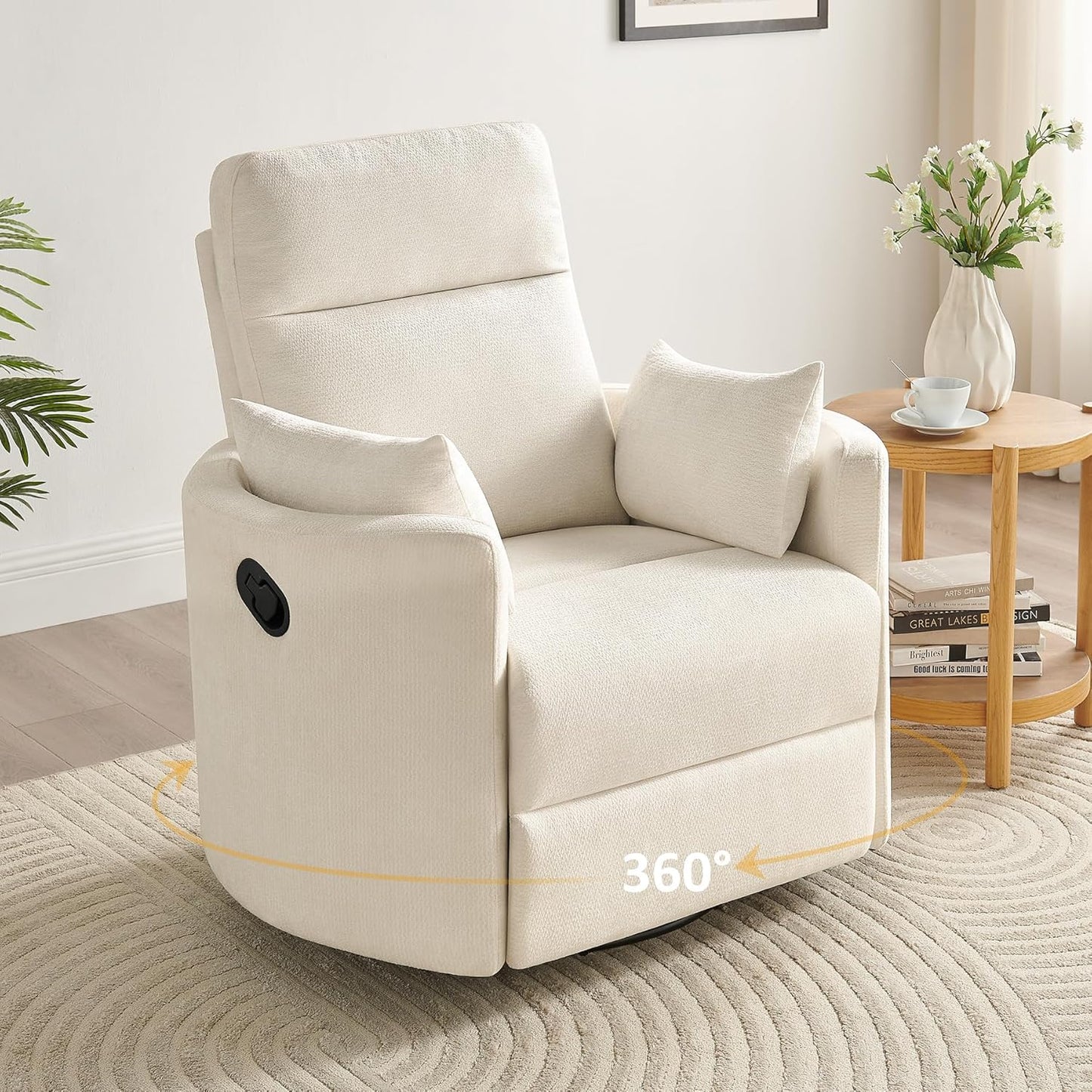 Nursery Rocking Chair, Oversized 360° Swivel Glider Recliner Chair, Upholstered Nursery Rocker with 2 Pillows and Footrest, Cozy Reclining Sofa for Living Room, Bedroom, Nursing, Olive