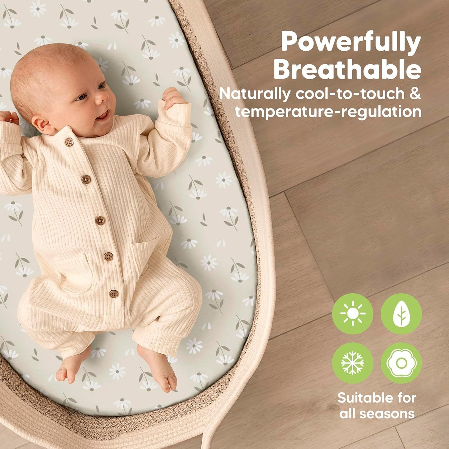 2-Pack Baby Bassinet Sheets Girl, Boy - 33x17 Viscose Derived from Bamboo Bedside Mattress Fitted Bassinet Sheets, Compatible with Halo Bassinest Swivel Sleeper, Baby Delight, Graco (Pecan)